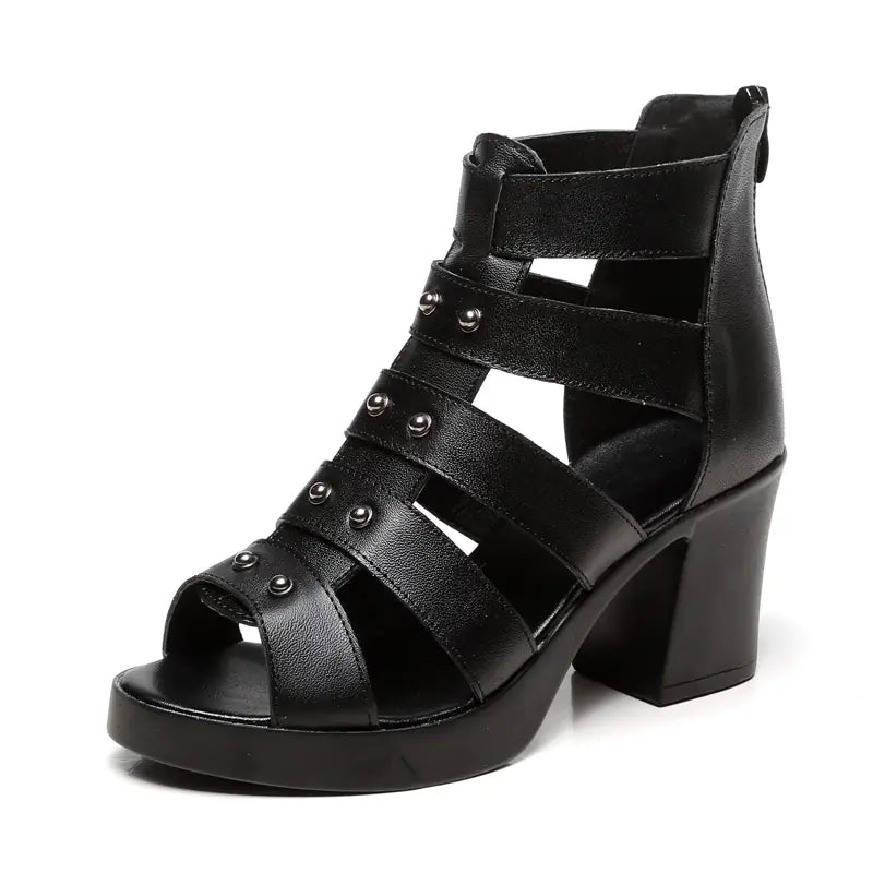 Women’s hollow chunky heel Roman peep toe sandals in beige with open toe and ankle strap from Trendy Attic Store01.