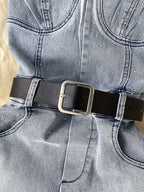 Plush Fashion Hub strapless denim romper with pockets, full-body suit featuring a fitted design and casual style.