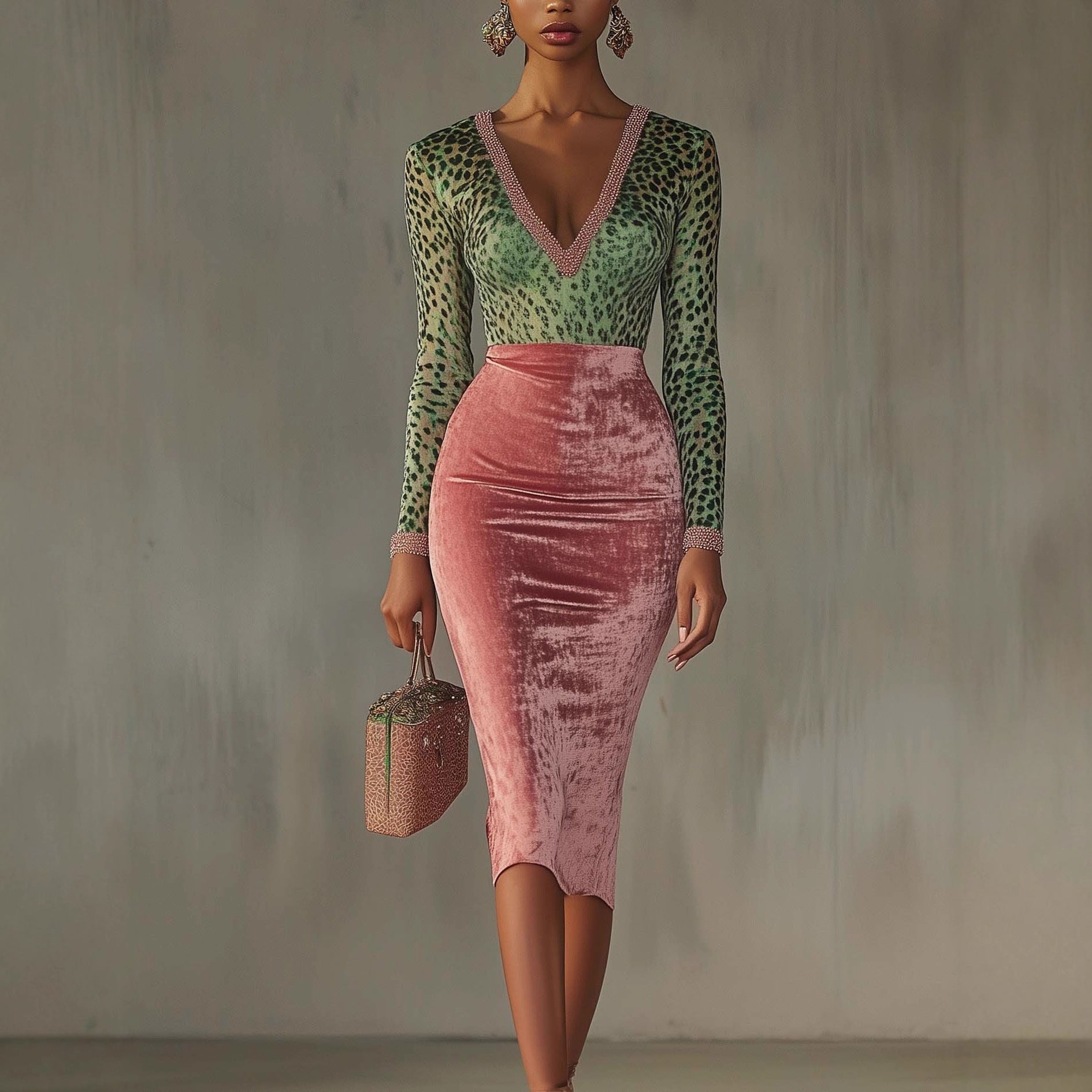 Shiny, stretchy velvet bodycon high-waist mermaid skirt in deep emerald green, form-fitting and stylish for elegant occasions.