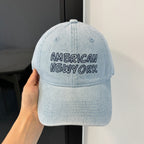 American Retro Washed Denim Peaked Cap by Plush Fashion Hub, Korean style vintage baseball hat with distressed denim finish.