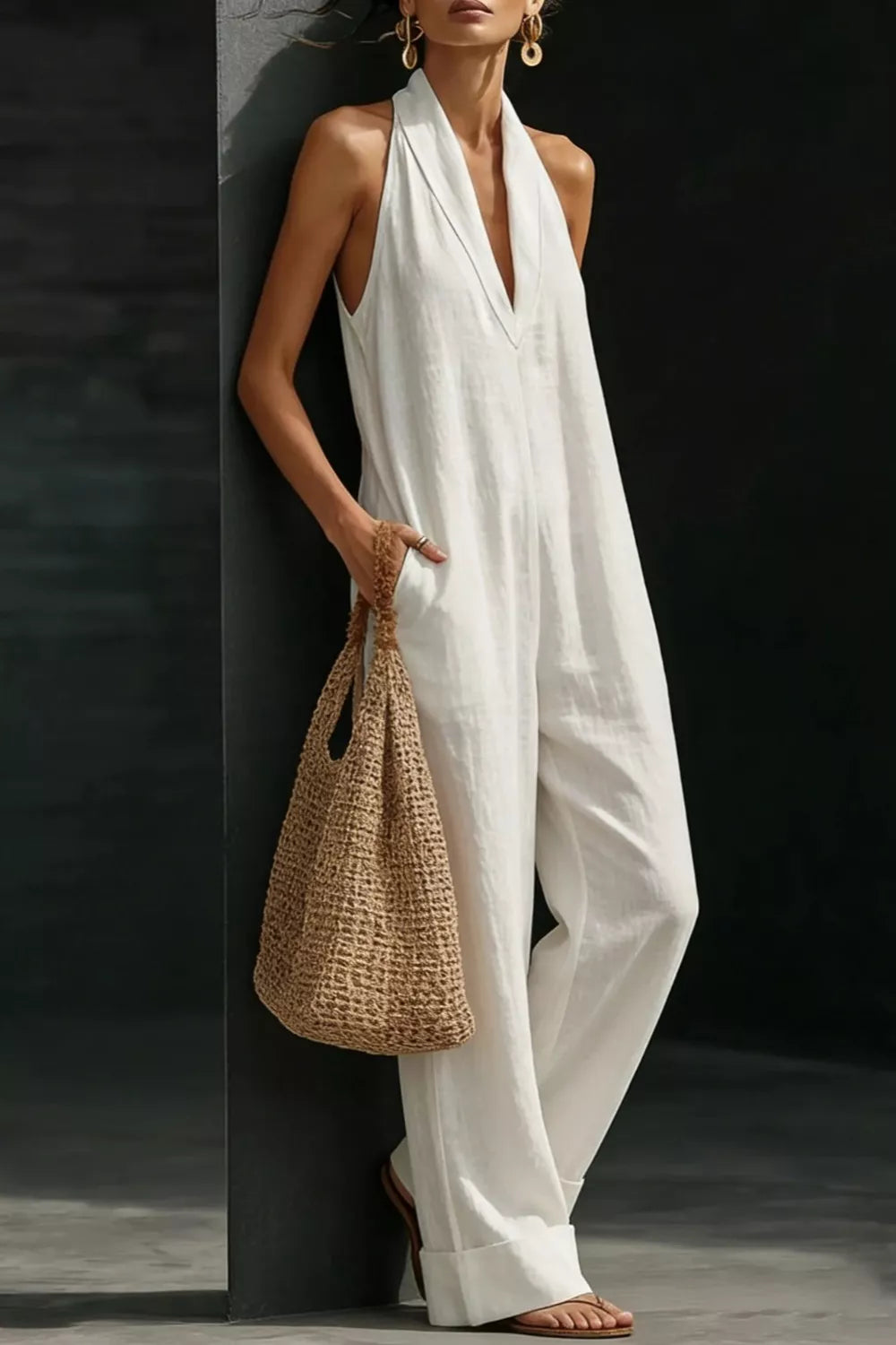 Women's sleeveless wide-leg jumpsuit with pockets from Plush Fashion Hub, featuring a casual, relaxed fit and stylish design.