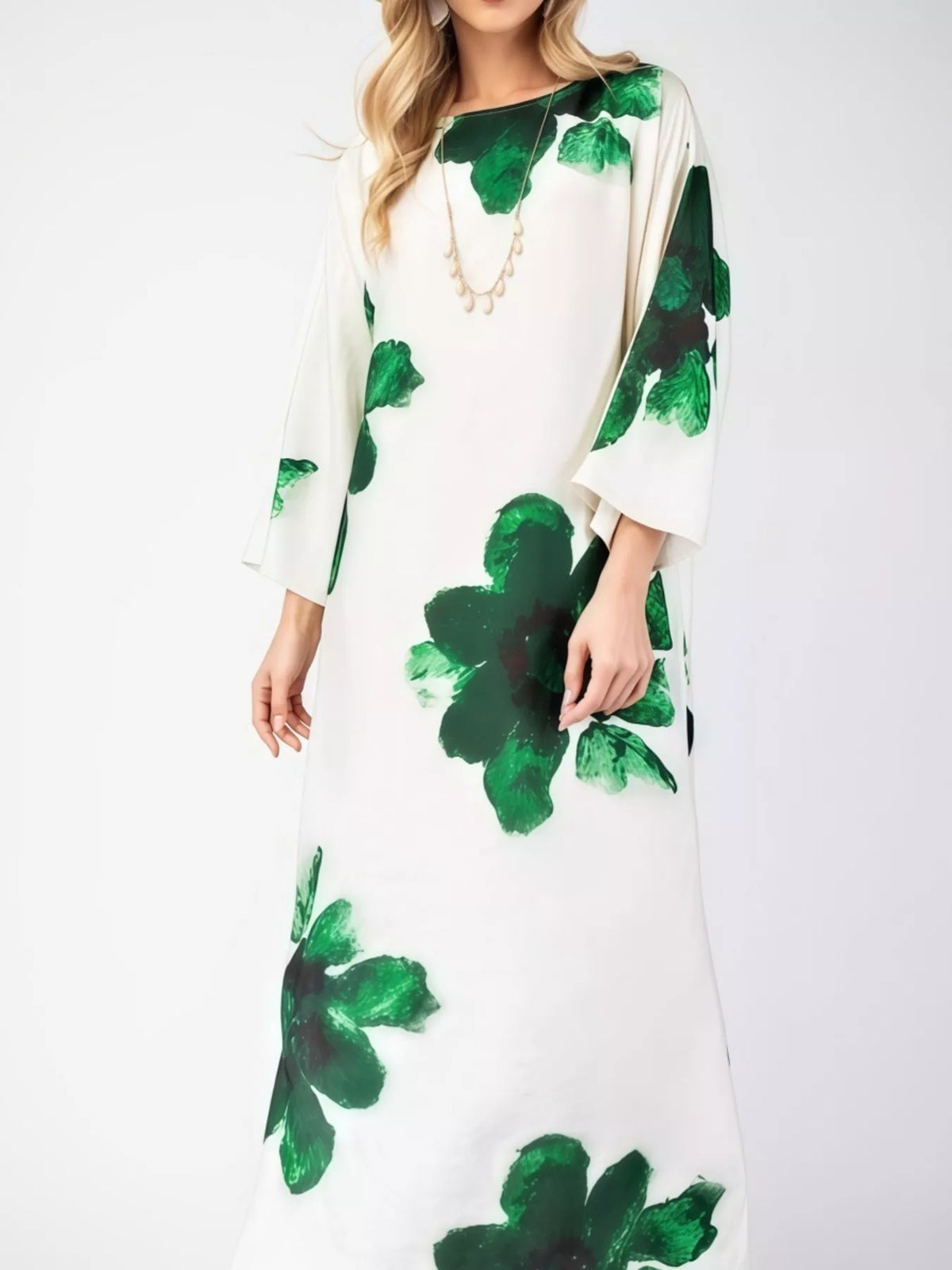 Floral print round neck dress by Plush Fashion Hub, shown with vibrant floral pattern and comfortable fit.