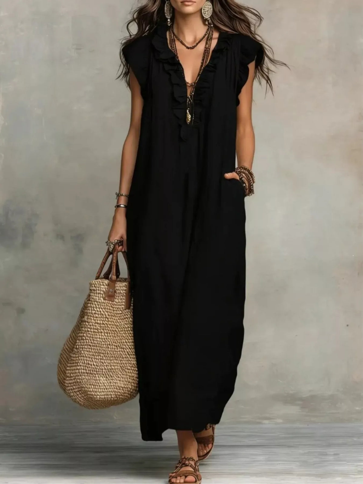Plush Fashion Hub ruffled V-neck maxi dress with flowing fabric and elegant design, perfect for stylish occasions.