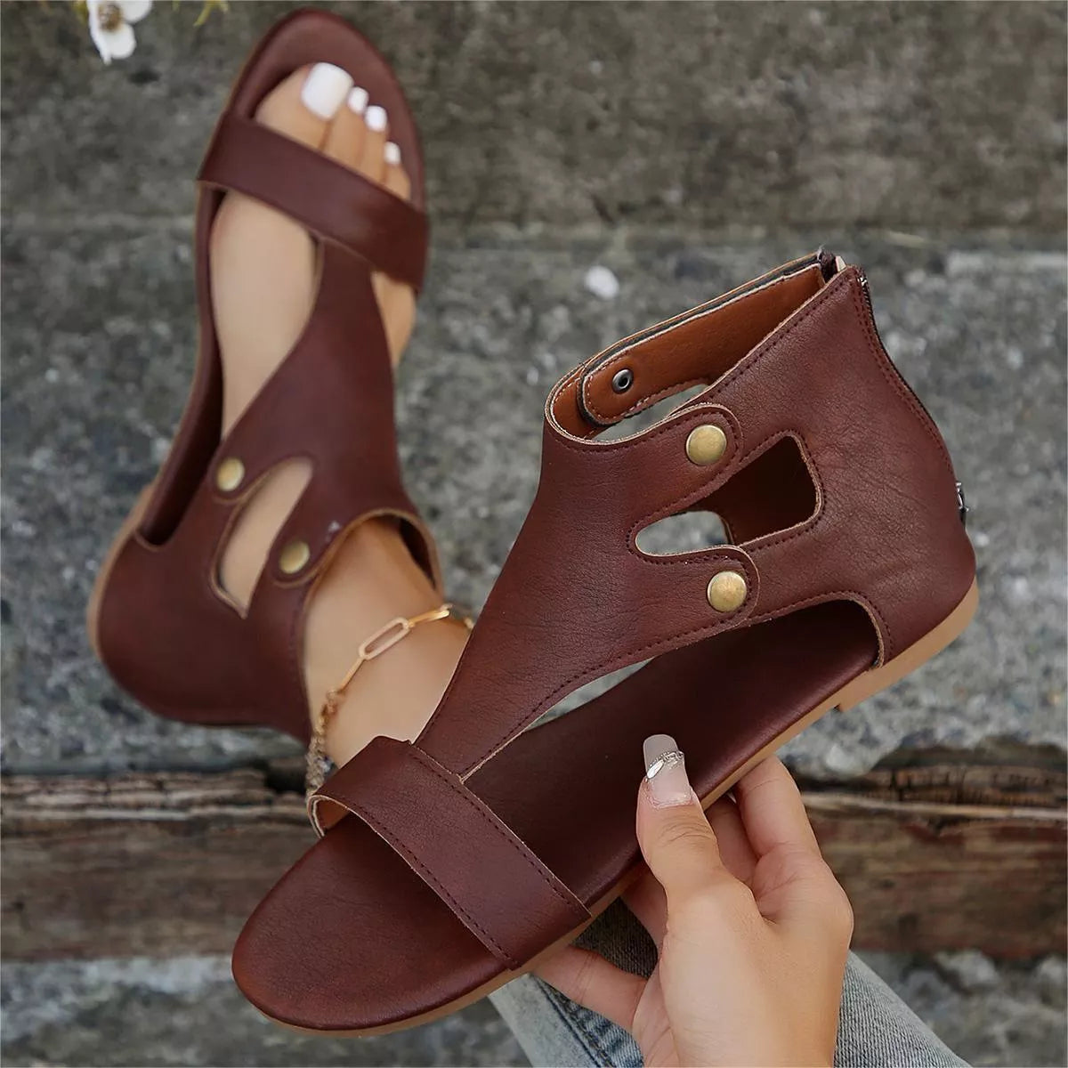 Open toe cutout sandals by Plush Fashion Hub featuring stylish design and open toe style, perfect for warm weather footwear.