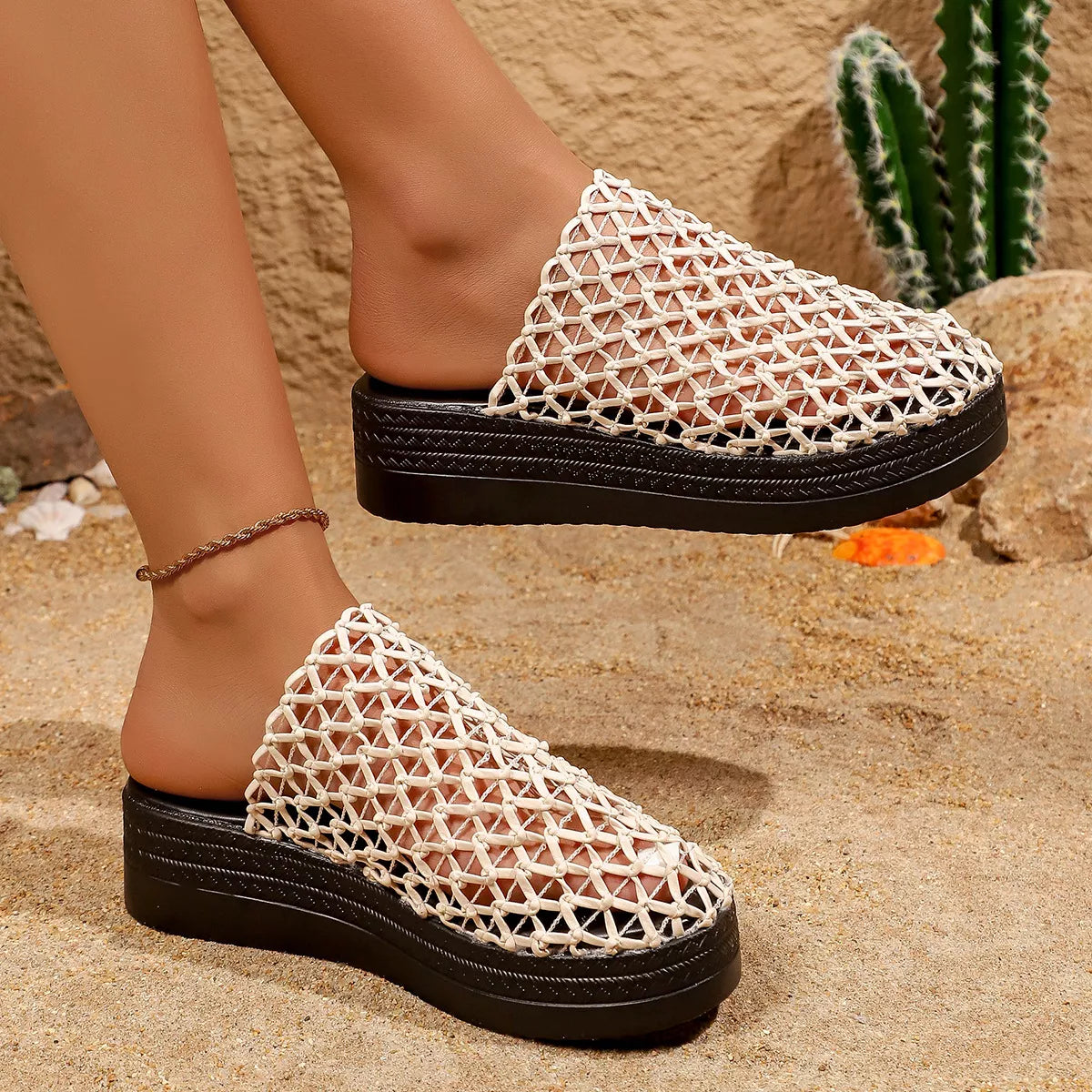 Plush Fashion Hub woven design platform sandals with cushioned soles, stylish open-toe summer footwear for women.
