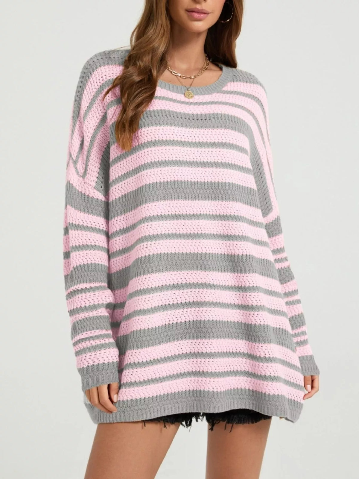 Trendsi women's striped drop shoulder sweater with cozy knit fabric, featuring a relaxed fit and casual style.