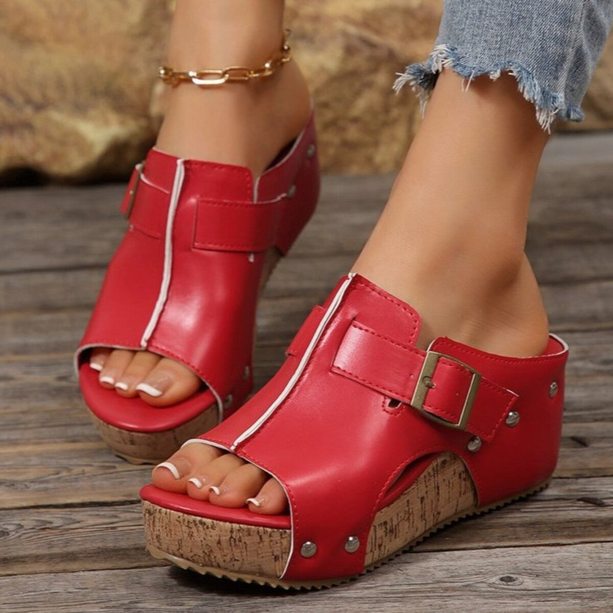 Women’s open toe wedge sandals in PU leather with high heels from Plush Fashion Hub, stylish and comfortable for everyday wear.