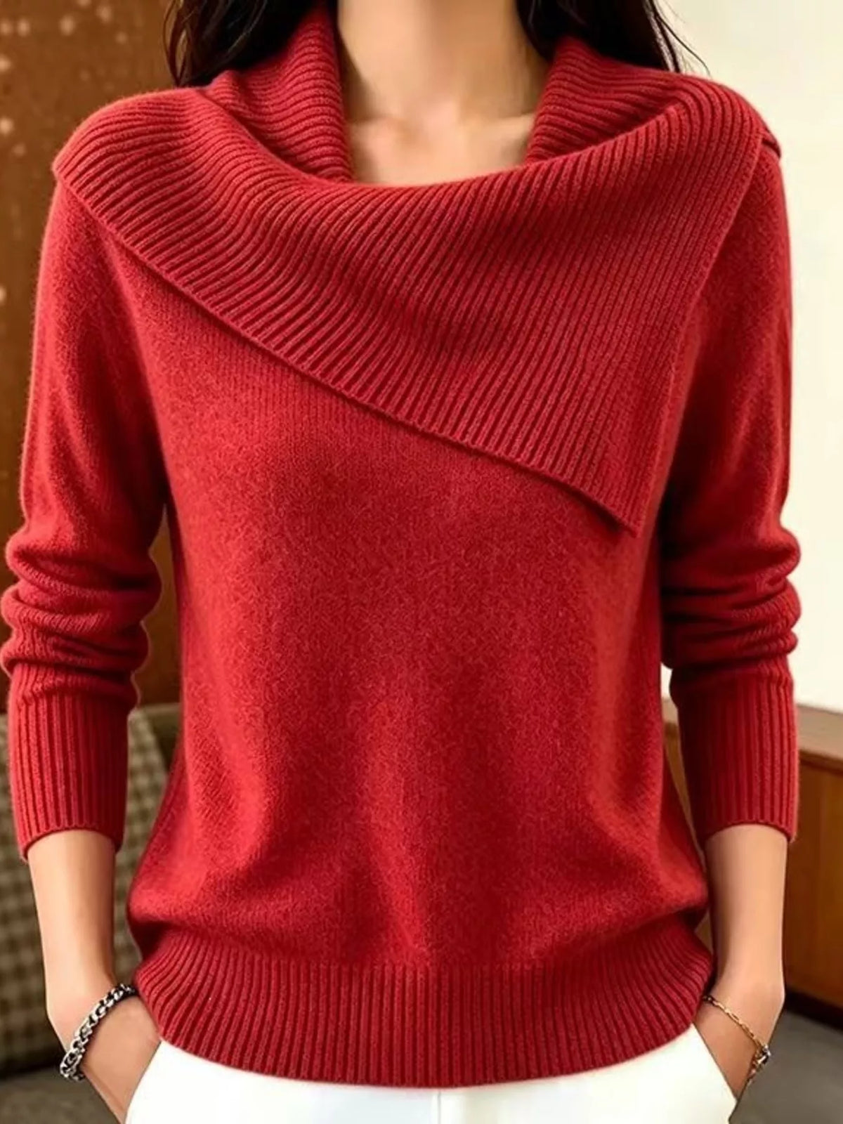Plus size full-length ribbed collar sweater with asymmetric design from Trendsi, featuring a cozy knit texture.