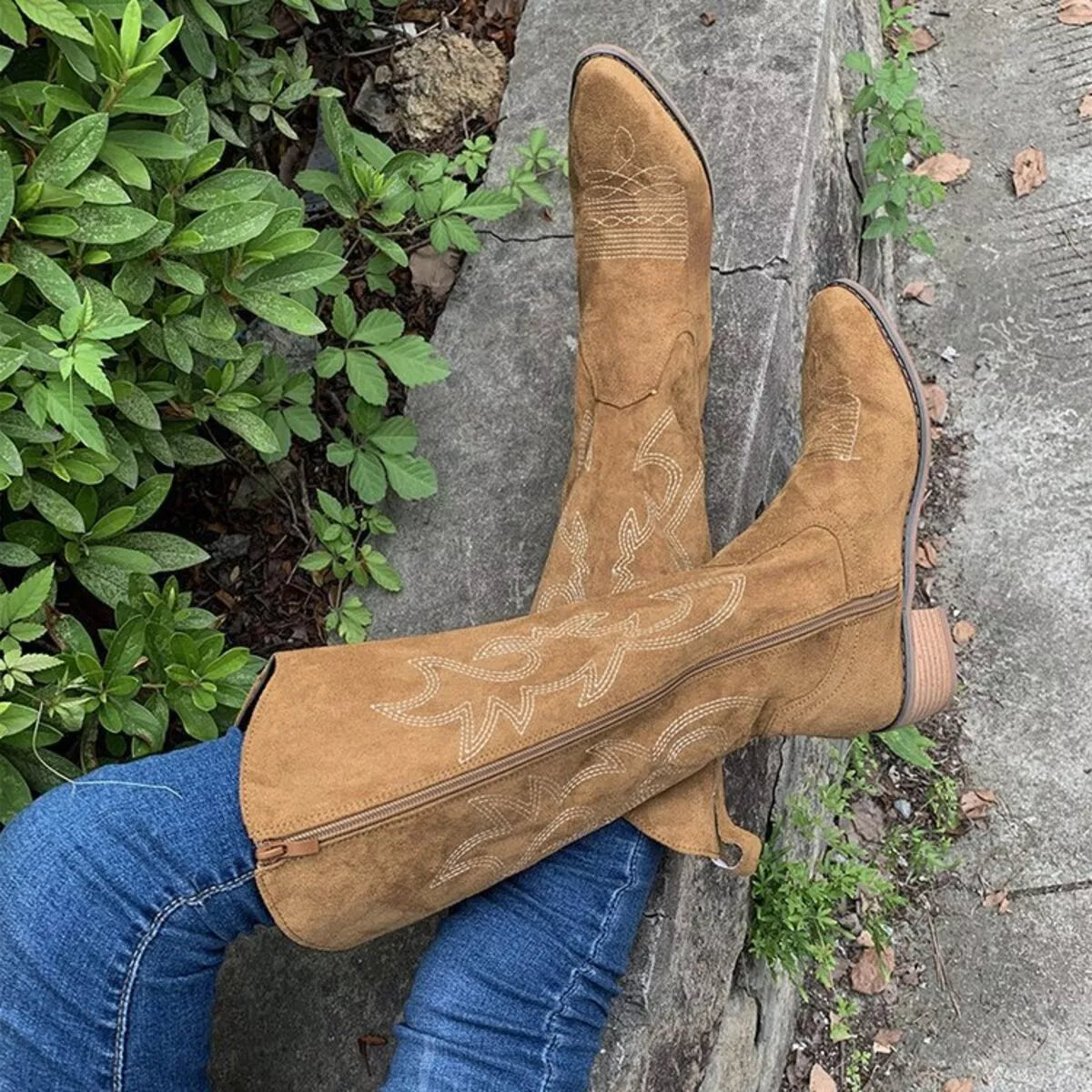 Trendsi point toe block heel boots featuring sleek design and stylish footwear, shown in a side view with smooth finish.