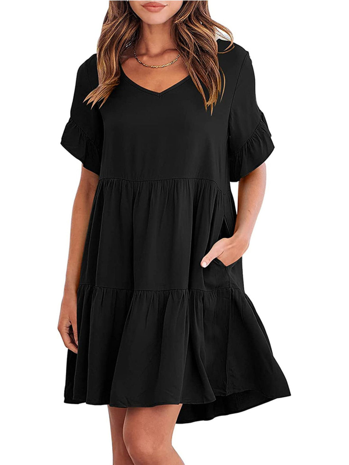 Lightweight rayon mini dress with ruffled sleeves, tiered design, and pockets by Plush Fashion Hub, showcased on a hanger.