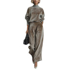 LadyShow.Store casual velour long-sleeve high-neck zipper wide-leg sportswear in solid color, perfect for warm activewear.