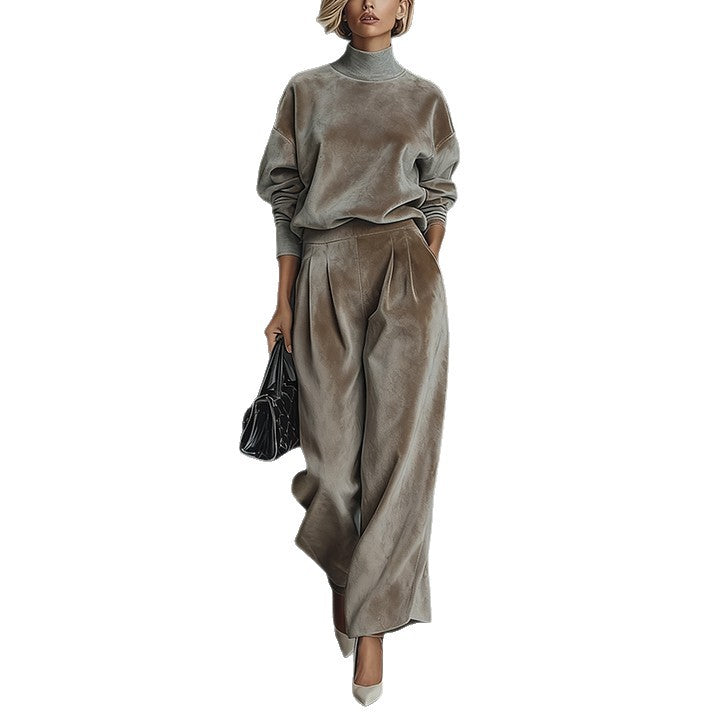 LadyShow.Store casual velour long-sleeve high-neck zipper wide-leg sportswear in solid color, perfect for warm activewear.
