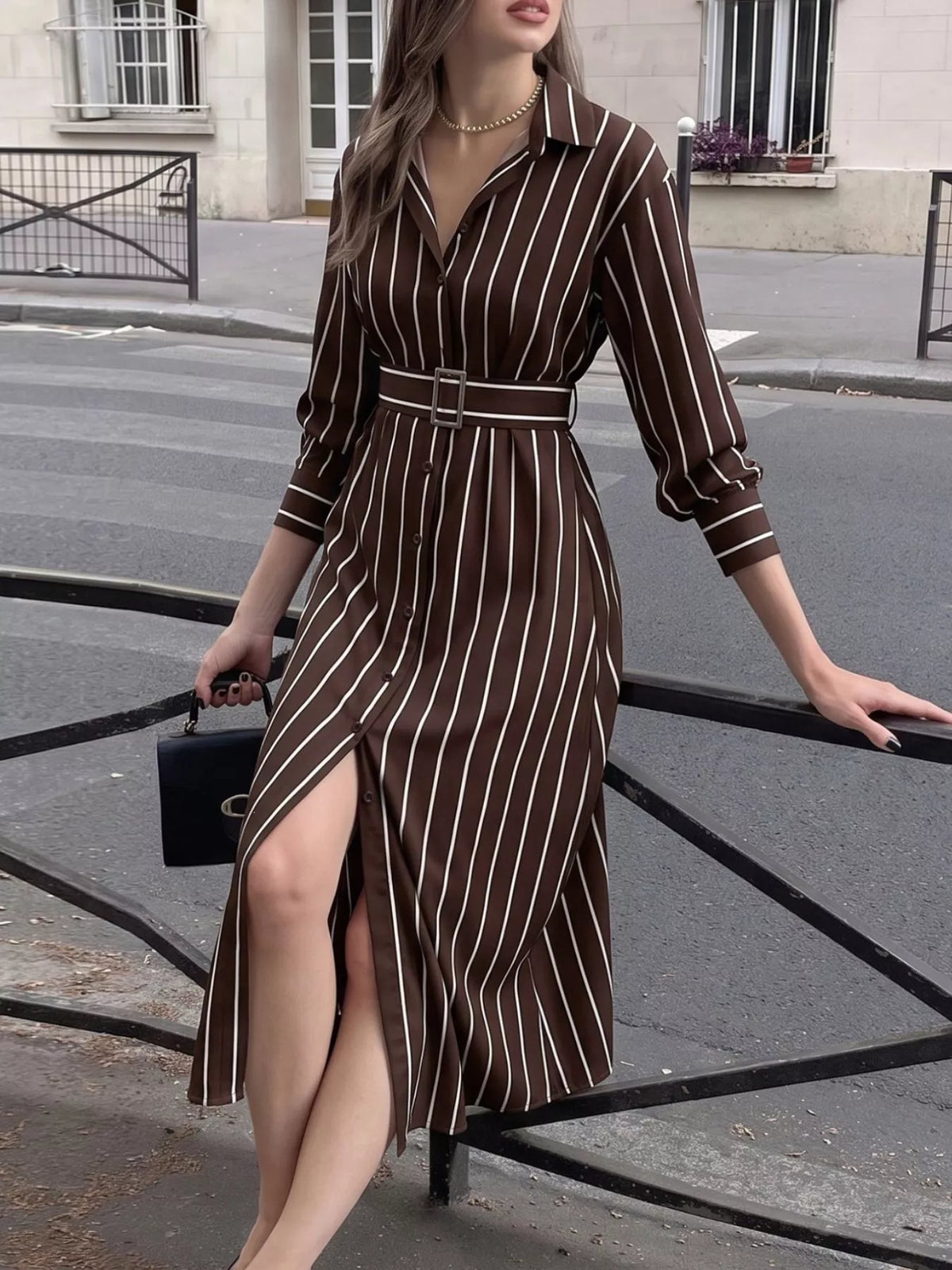Striped long sleeve belted shirt dress for women, featuring a classic design and button-front, perfect for casual or office wear.