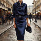 Women's slim-fit midi dress with lapel collar and half-sleeves, casualwear by FitiqueFit, shown in a soft fabric and neutral color.
