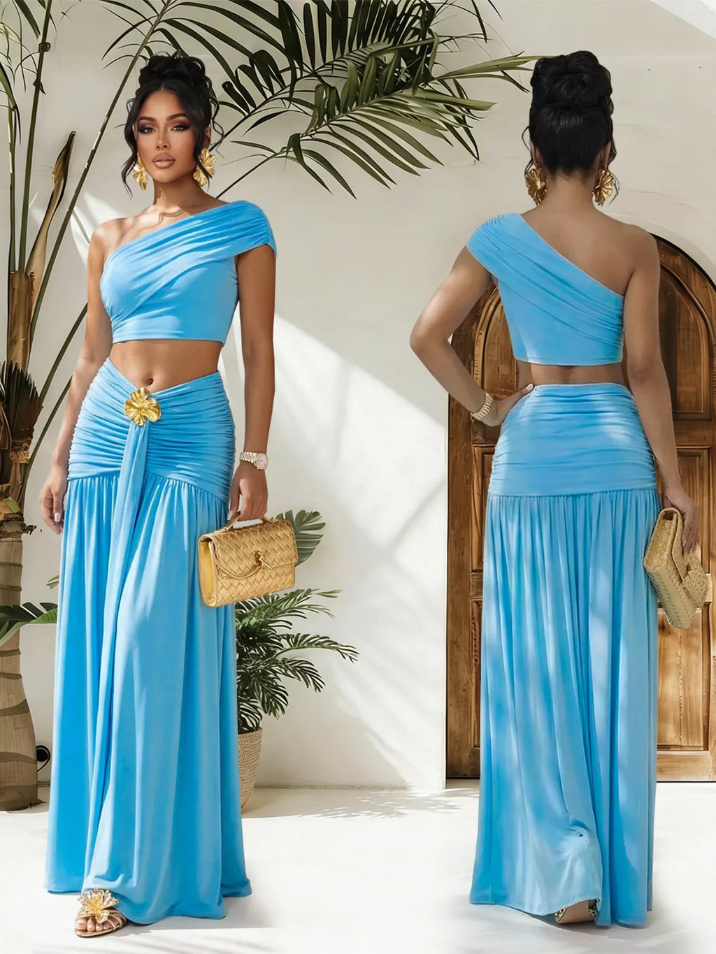 Trendsi one-shoulder top and ruched maxi skirt set, stylish matching outfit with fitted top and flowing skirt, perfect for casual wear.