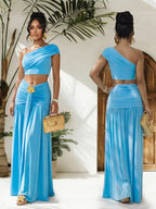 Trendsi one-shoulder top and ruched maxi skirt set, stylish matching outfit with fitted top and flowing skirt, perfect for casual wear.