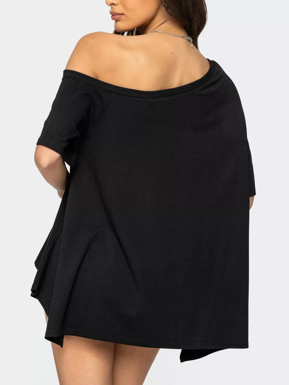 Women's off-shoulder asymmetrical flowy T-shirt by Plush Fashion Hub, featuring a relaxed fit and stylish design with draped fabric.