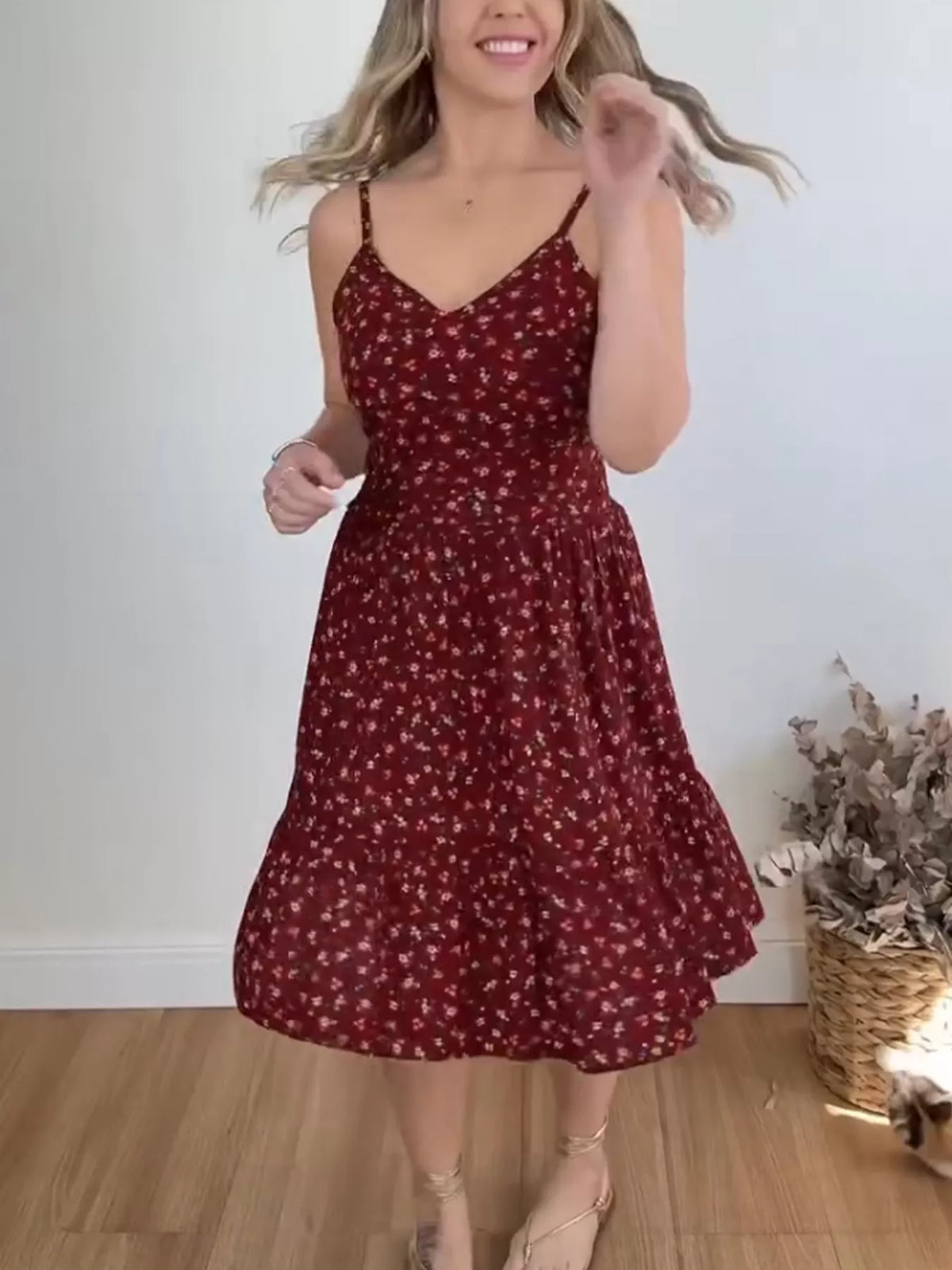 Floral print spaghetti strap midi dress with ruffle hem from Plush Fashion Hub, featuring a flowing, feminine design and vibrant flower pattern.