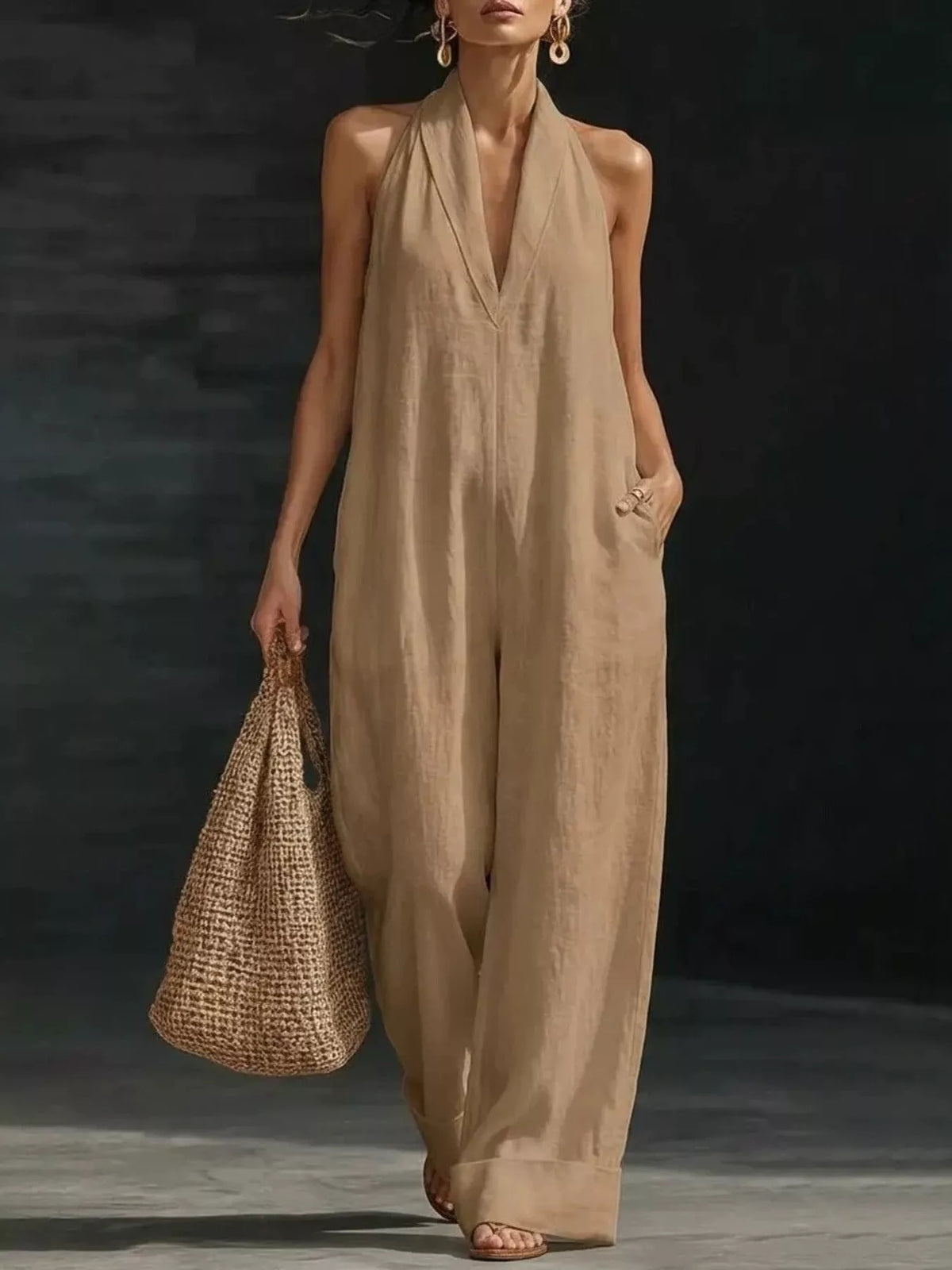 Plush Fashion Hub halter neck wide-leg jumpsuit, stylish sleeveless jumpsuit with flowing wide-leg pants, perfect for summer wear.