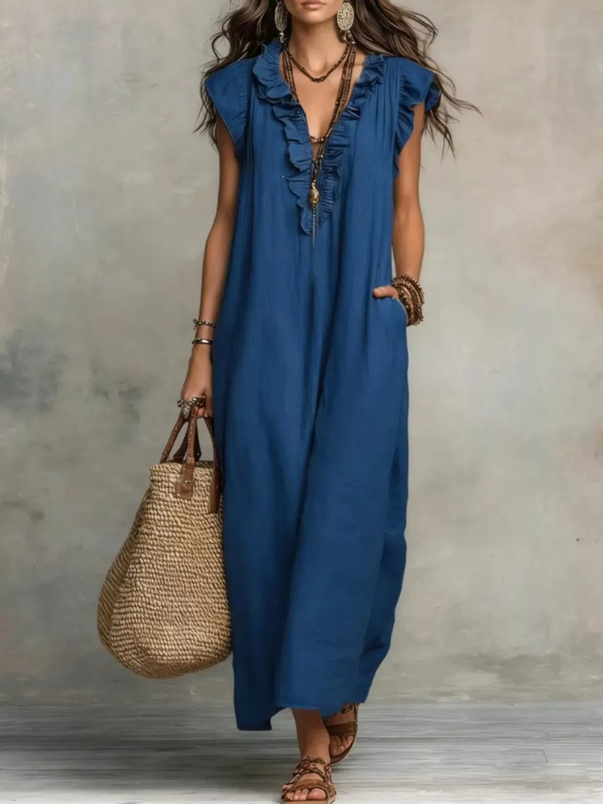 Plush Fashion Hub ruffled V-neck maxi dress with flowing fabric and elegant design, perfect for stylish occasions.