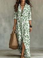 Digital print lapel midi shirt dress by FitiqueFit in five colors, featuring a casualwear design with a relaxed fit and button front.