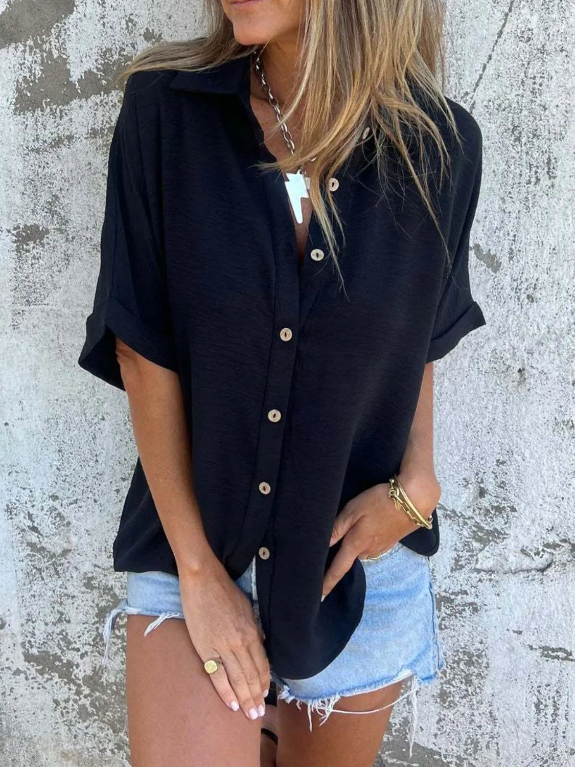 Plush Fashion Hub women's half sleeve collared button-down office blouse, stylish top with a classic collar and button front.