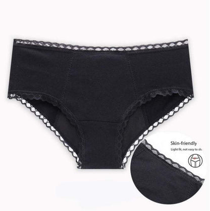 Ladies cotton physiological underwear, black, four-layer leak-proof design.