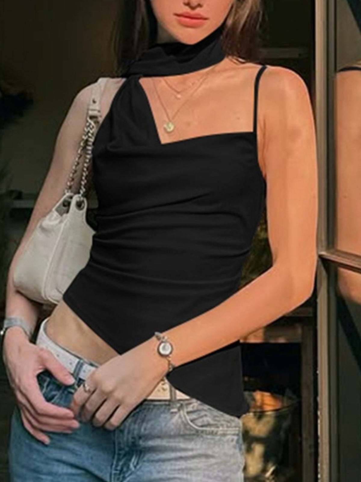 Women’s asymmetrical ruched cami top with tie detail by Plush Fashion Hub, featuring a stylish and trendy design.