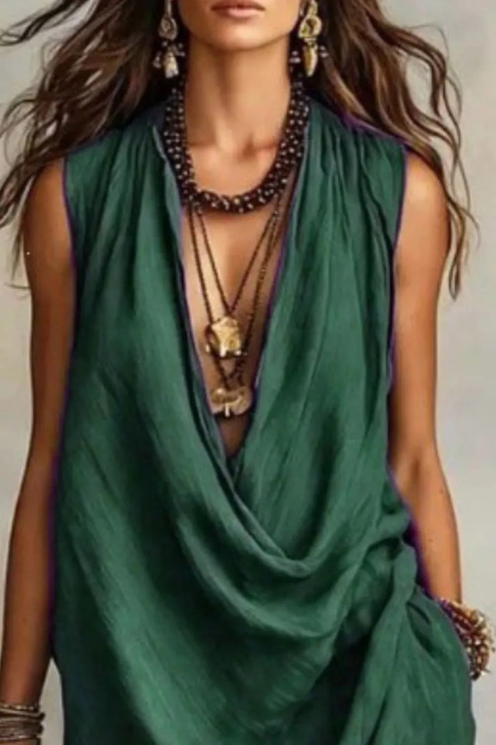 Sleeveless drape neck midi dress by Plush Fashion Hub, shown in soft fabric with elegant drape and fitted waist.