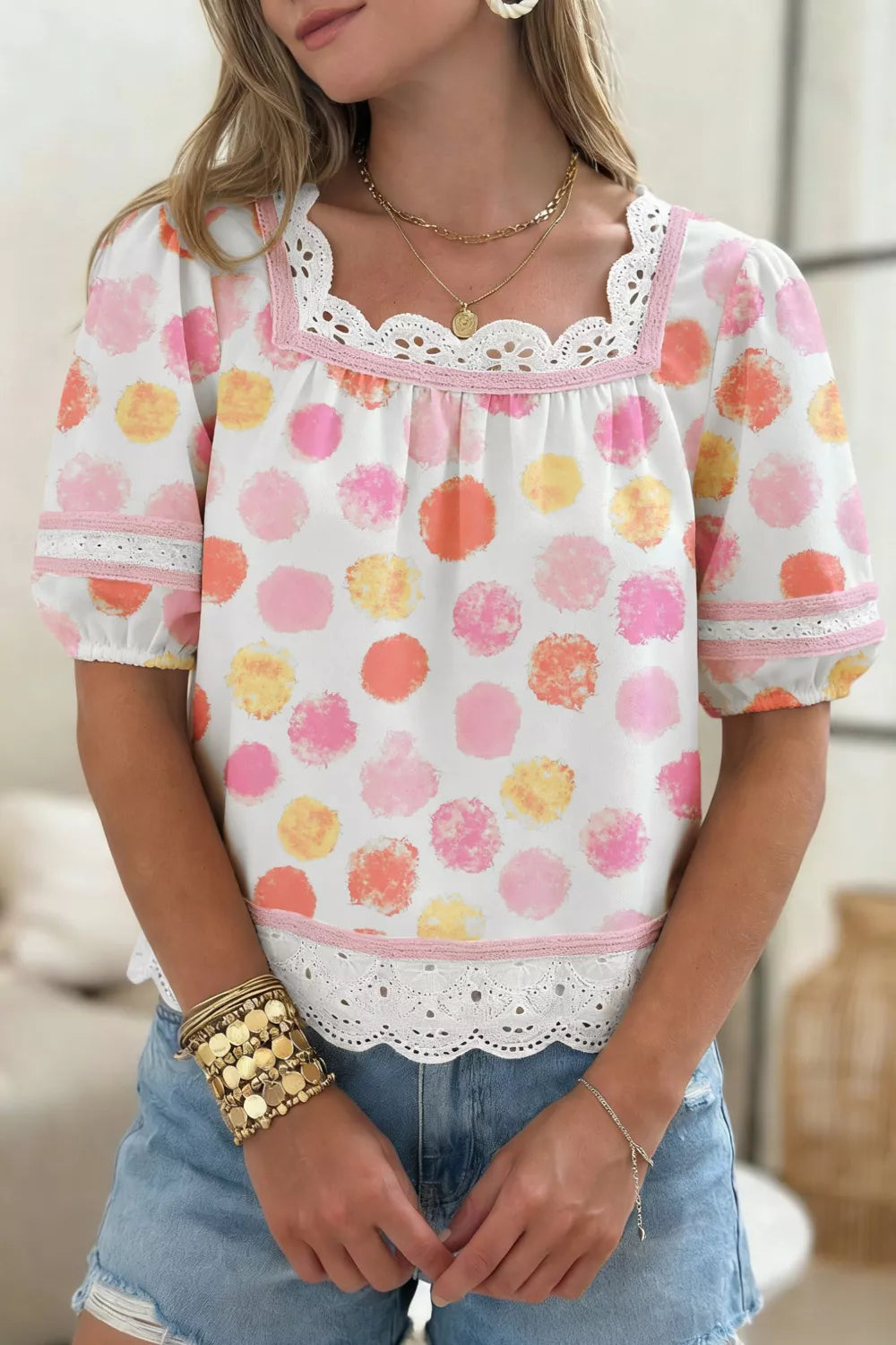 Polka dot lace trim square neck puff sleeve blouse by Plush Fashion Hub, featuring a stylish design with feminine details.