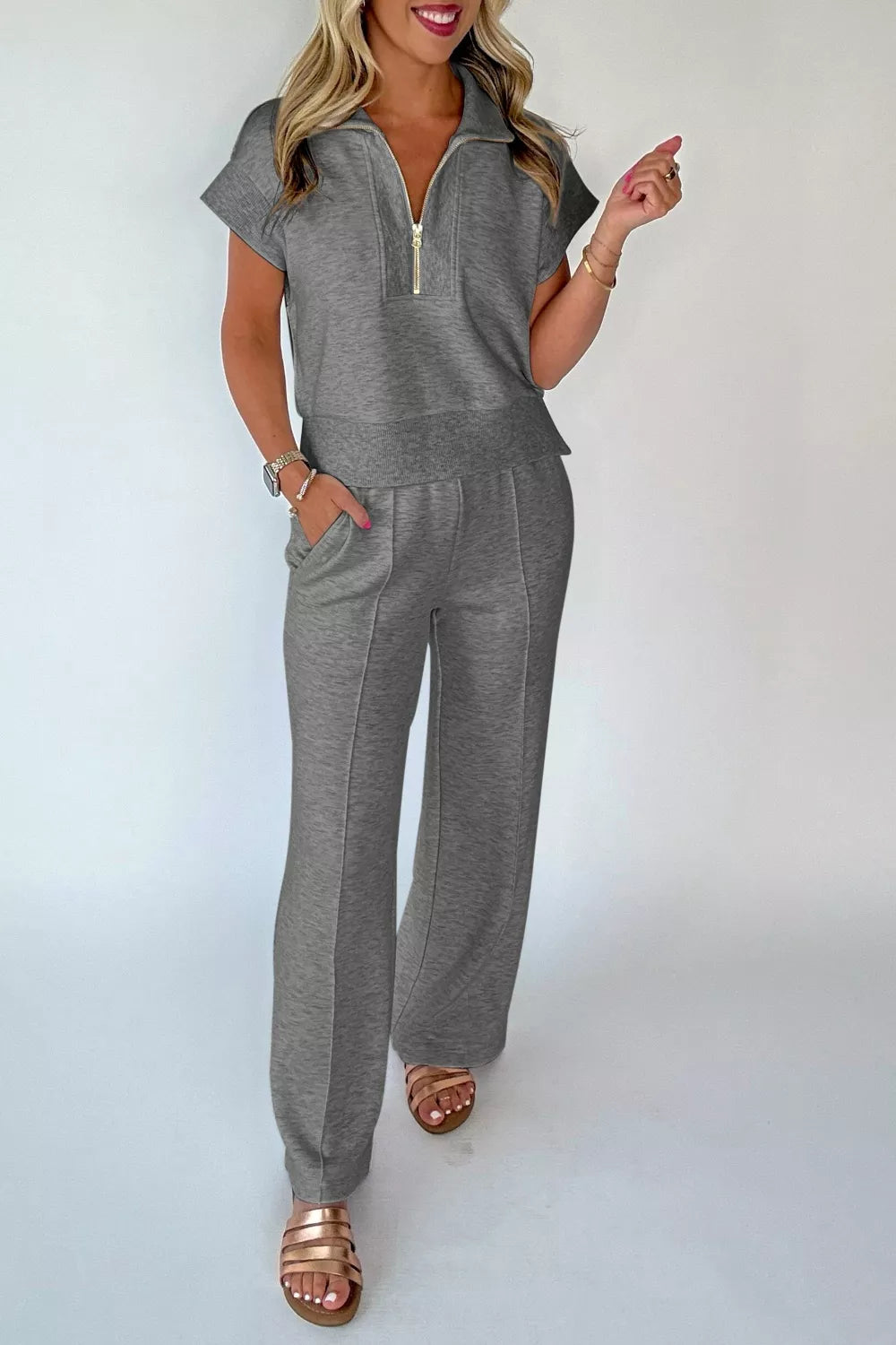 Casual half zip polo tee and pant set by Plush Fashion Hub, featuring a relaxed fit and comfortable fabric for everyday wear.