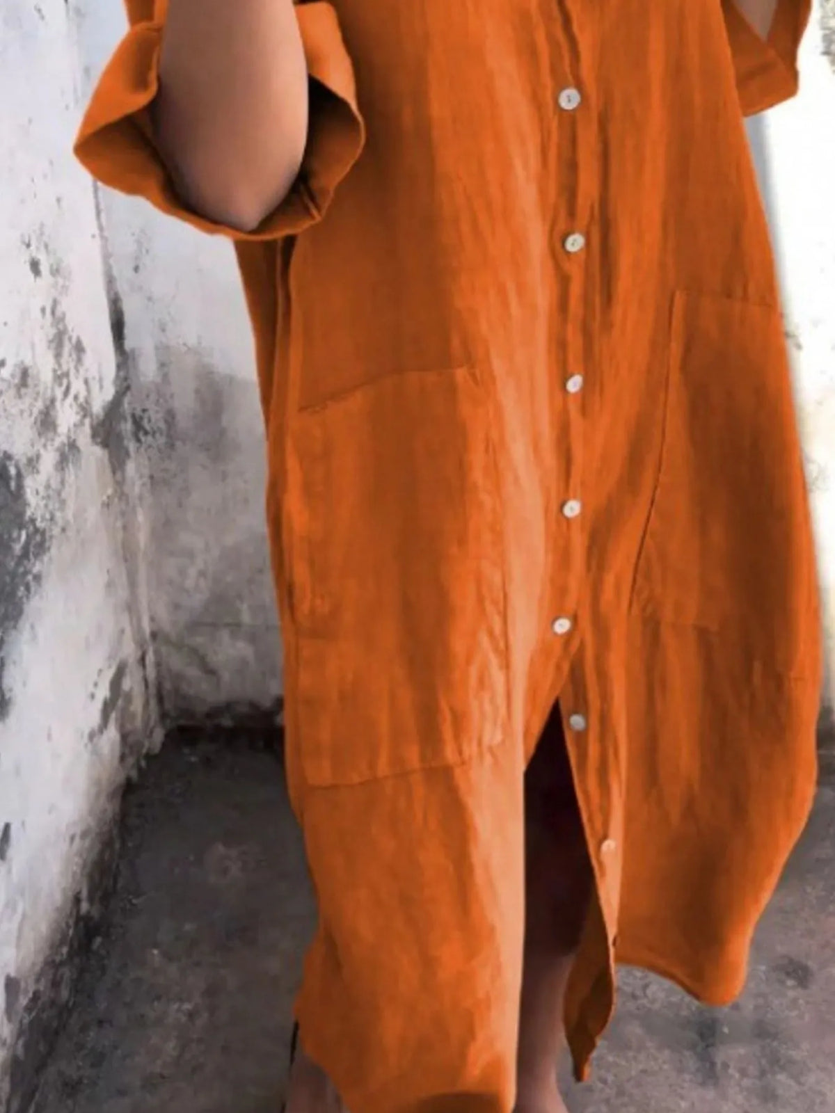 Plus size casual linen button-down shirt dress by Trendsi, featuring a relaxed fit and classic collar, worn in a full-length view.