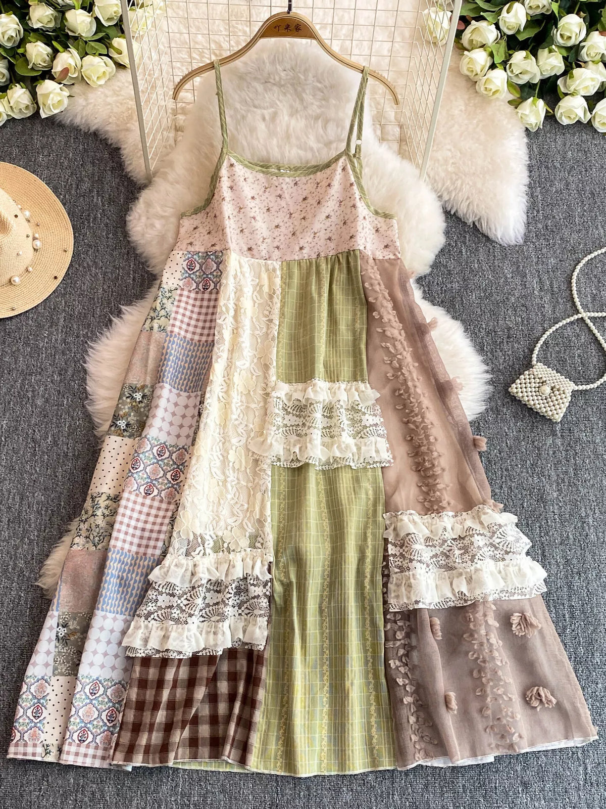 Boho patchwork lace-trimmed A-line tiered dress by Plush Fashion Hub, featuring colorful fabric and flowy silhouette.