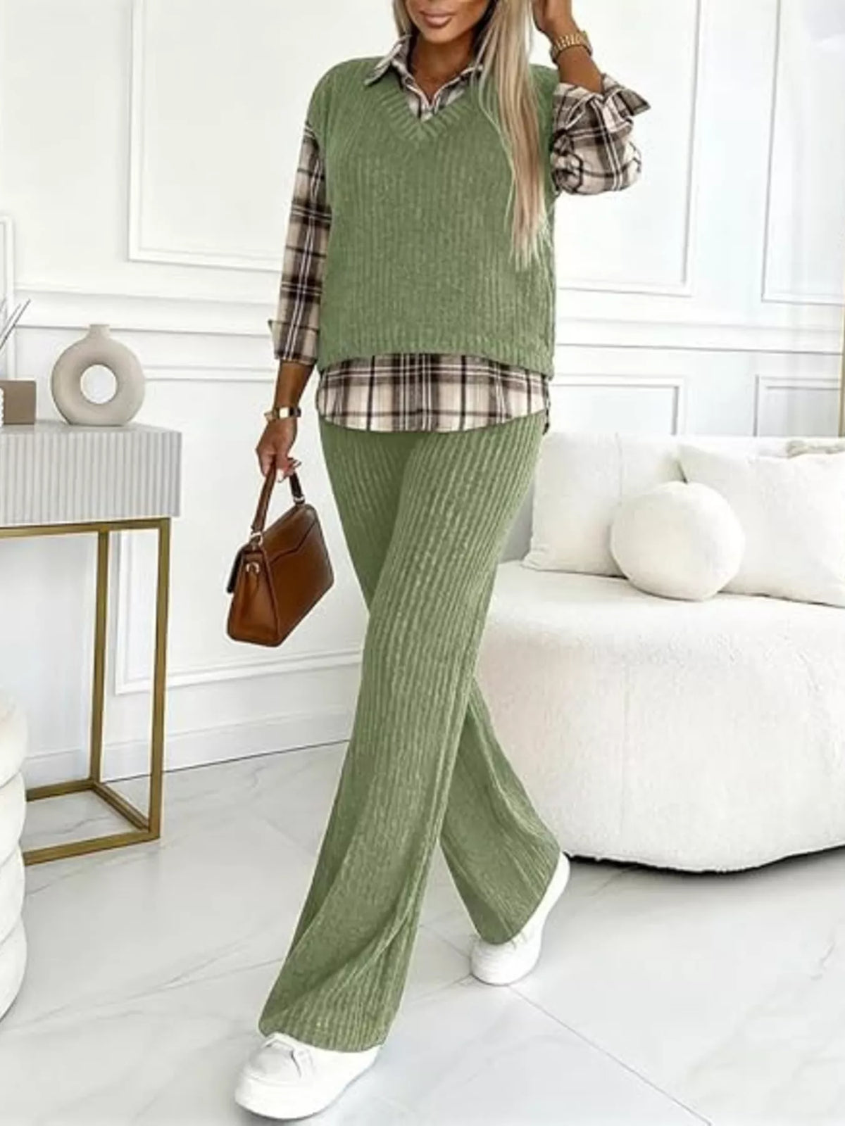 Ribbed knit plaid sleeve top and matching pants set by Trendsi, stylish cozy outfit with ribbed texture and plaid design.