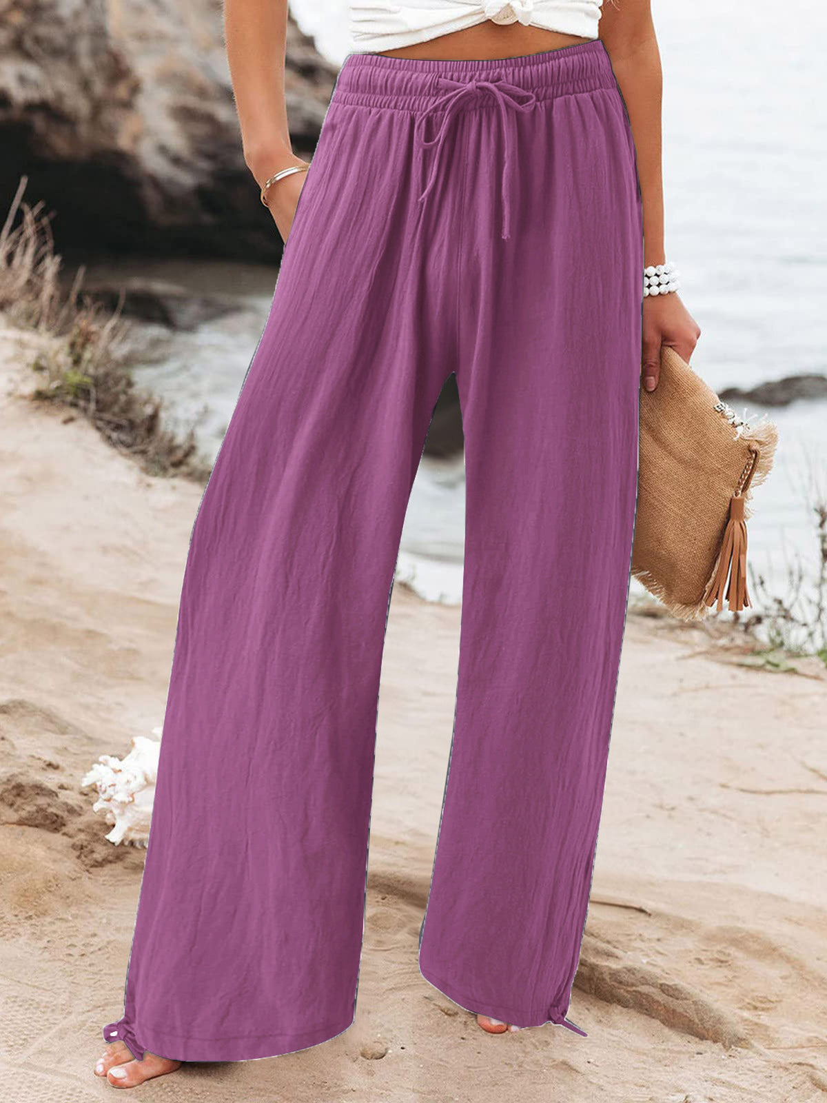 Plus size full length drawstring wide leg pants from Trendsi, featuring a relaxed fit and comfortable waistband.