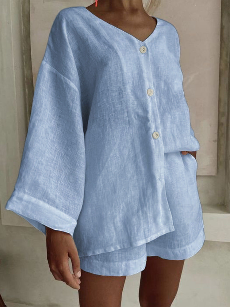 Women's cotton linen shirt and shorts set with long sleeves and buttons, casual 2-piece outfit by Plush Fashion Hub.