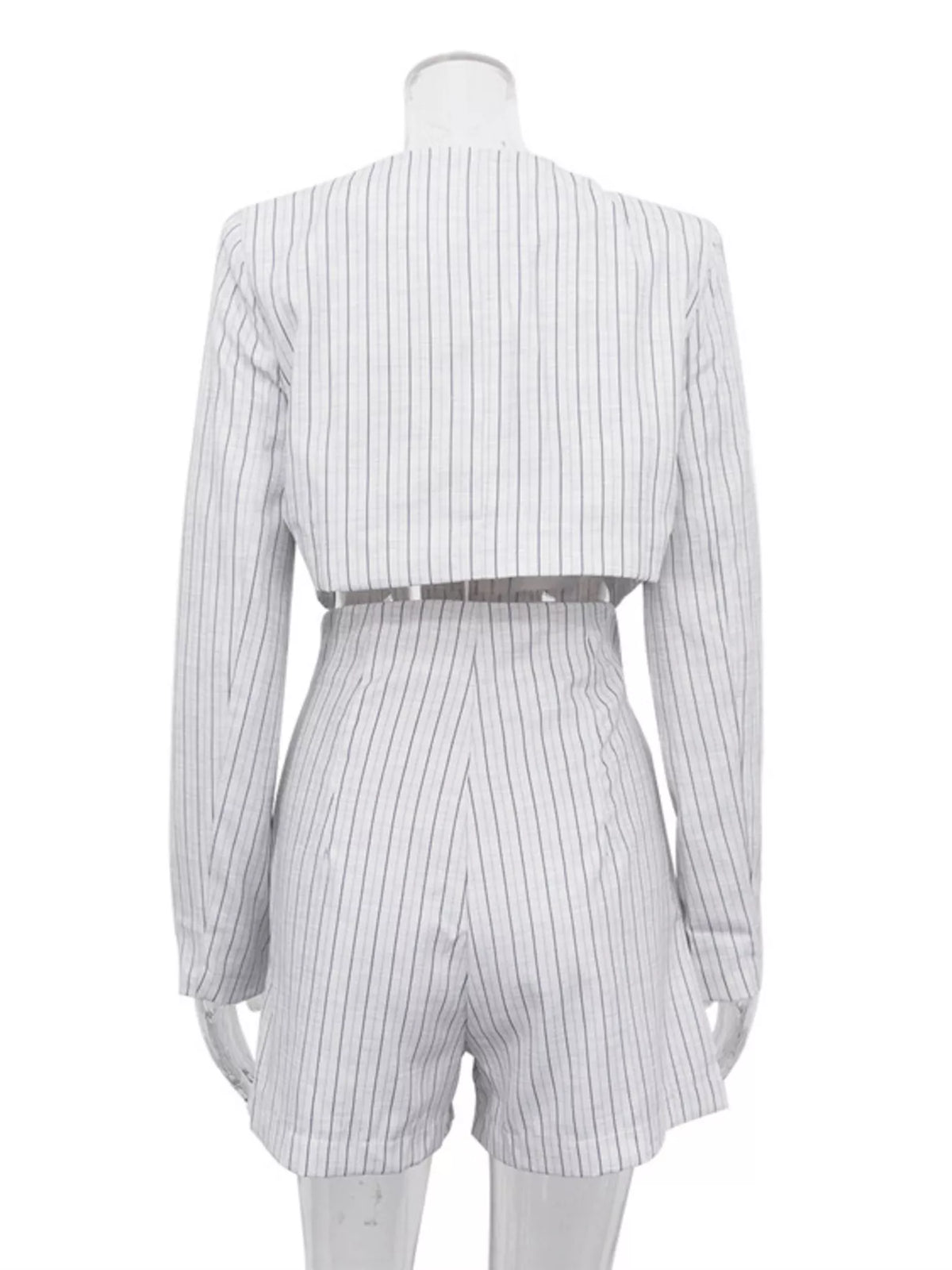 Pinstripe cropped blazer and pleated shorts set by Trendsi, stylish women’s matching blazer and shorts ensemble.