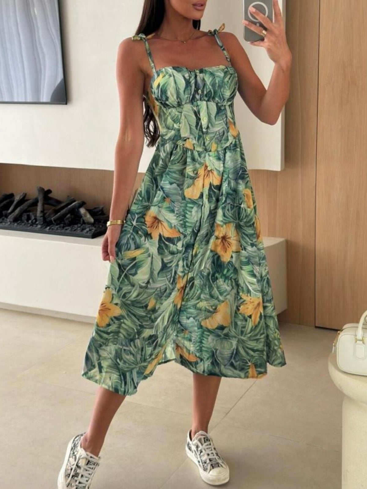 Women’s striped tie-shoulder midi dress by Plush Fashion Hub, casual summer dress with a stylish, relaxed fit perfect for brunch.