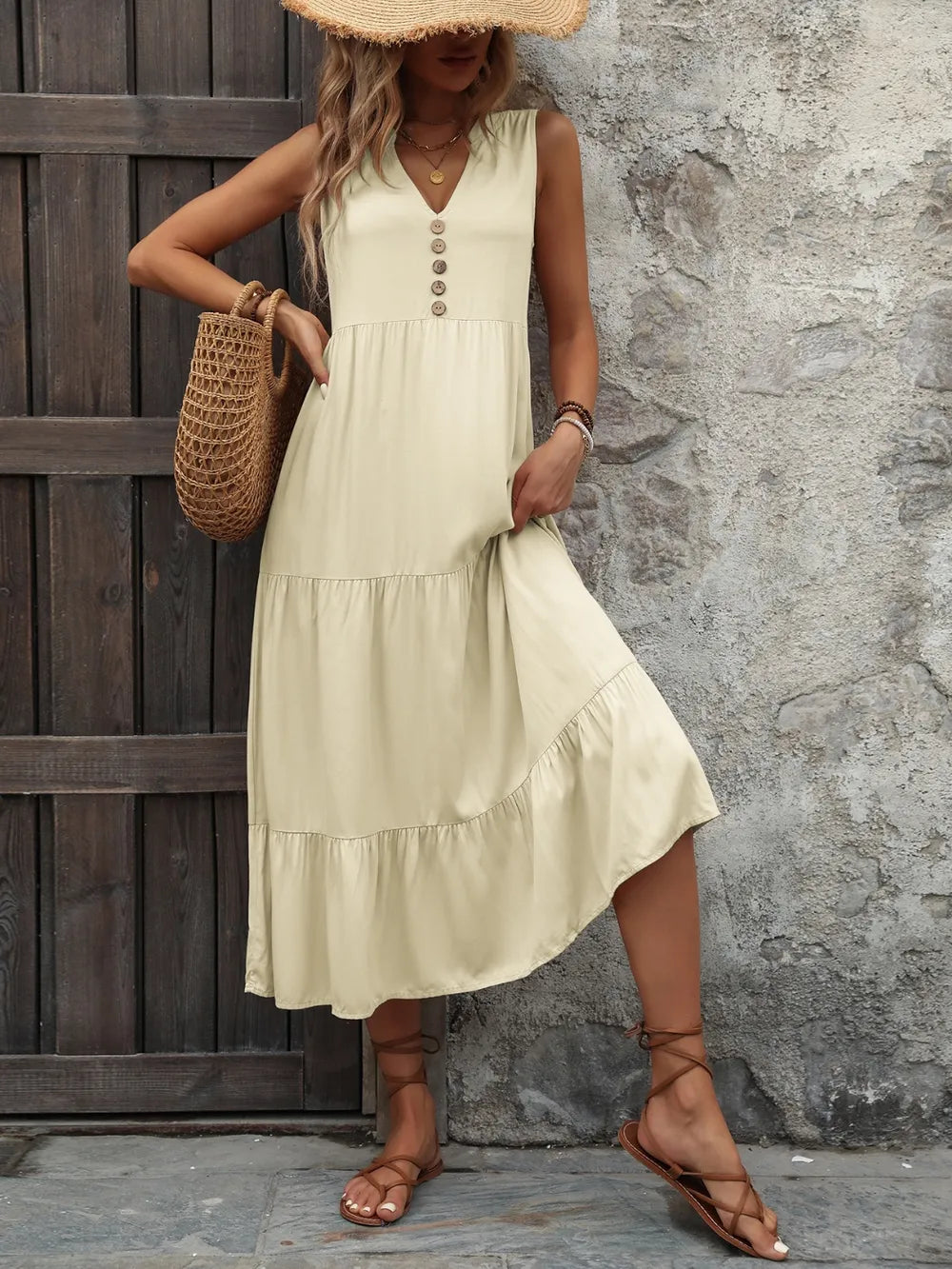 Ivy Lane women's sleeveless cotton dress with notched collar and button-down front, featuring a stylish, casual design.