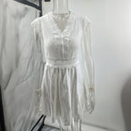 Women’s V-neck short-sleeve casual dress with lace trim by FitiqueFit, featuring a relaxed fit and elegant neckline.