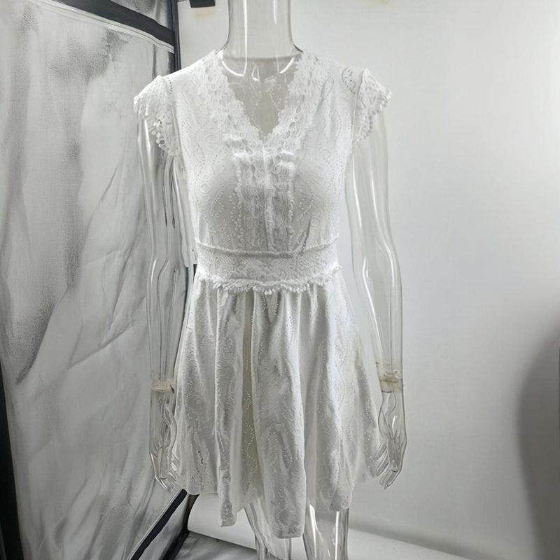 Women’s V-neck short-sleeve casual dress with lace trim by FitiqueFit, featuring a relaxed fit and elegant neckline.