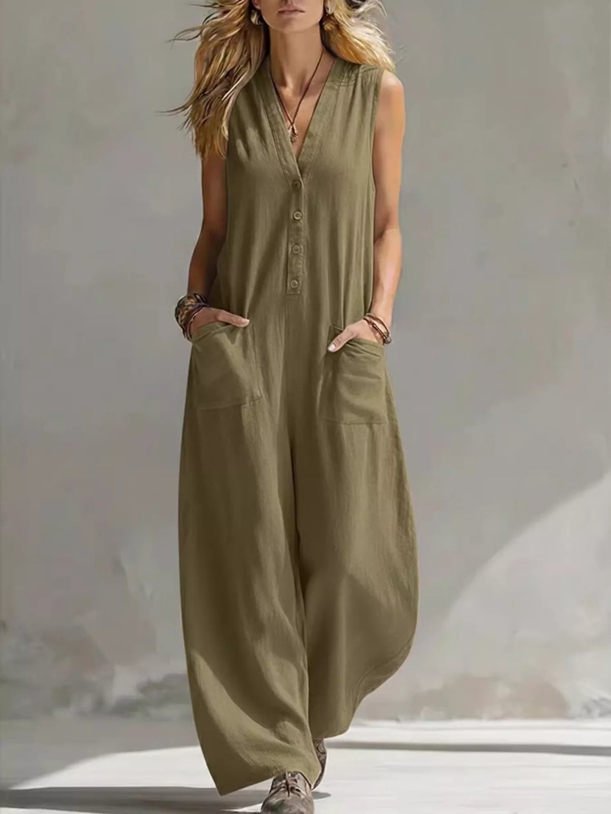 Plus size plush fashion hub sleeveless v-neck jumpsuit with wide-leg design, full-length, perfect for casual or stylish occasions.