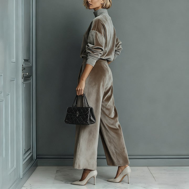 LadyShow.Store casual warm velour long-sleeved high-neck zipper sportswear with wide-leg pants in solid color, perfect for activewear.