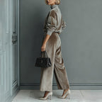 LadyShow.Store casual warm velour long-sleeved high-neck zipper sportswear with wide-leg pants in solid color, perfect for activewear.