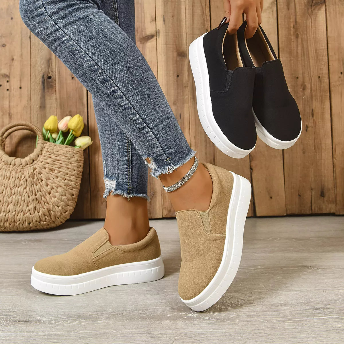Round toe platform slip-on shoes by Trendsi, stylish footwear with a sleek design and comfortable fit.