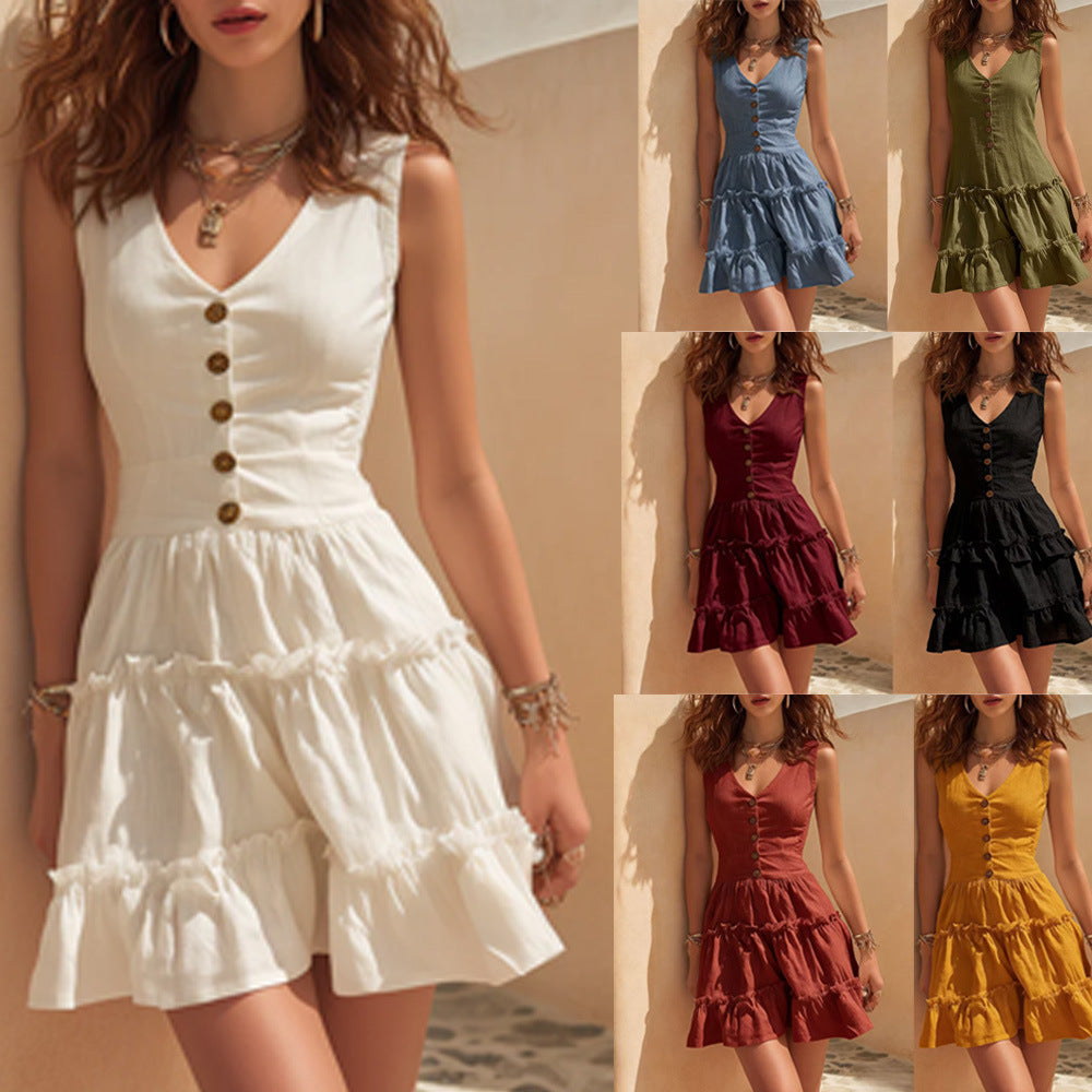 Women's sleeveless linen button-up midi dress by FitiqueFit, shown in natural light, featuring a relaxed casualwear style.
