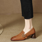 Women's retro British style chunky heel leather shoes with round toe, ideal for commuting, by Plush Fashion Hub.