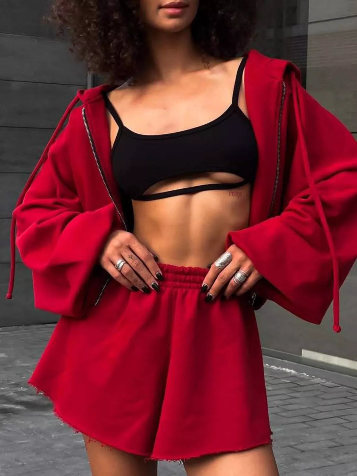 Plush Fashion Hub zip-up long sleeve outerwear and matching shorts set, featuring a comfortable and stylish casual outfit.