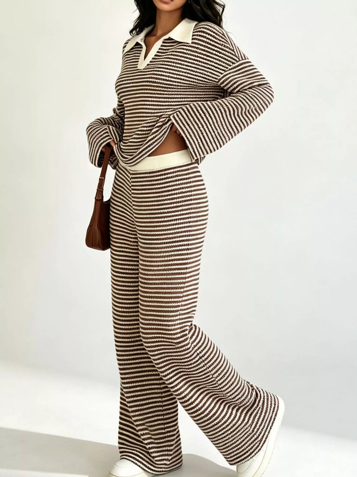 Striped long sleeve polo and wide-leg pants set by Trendsi, featuring a stylish top with horizontal stripes and matching flowy pants.