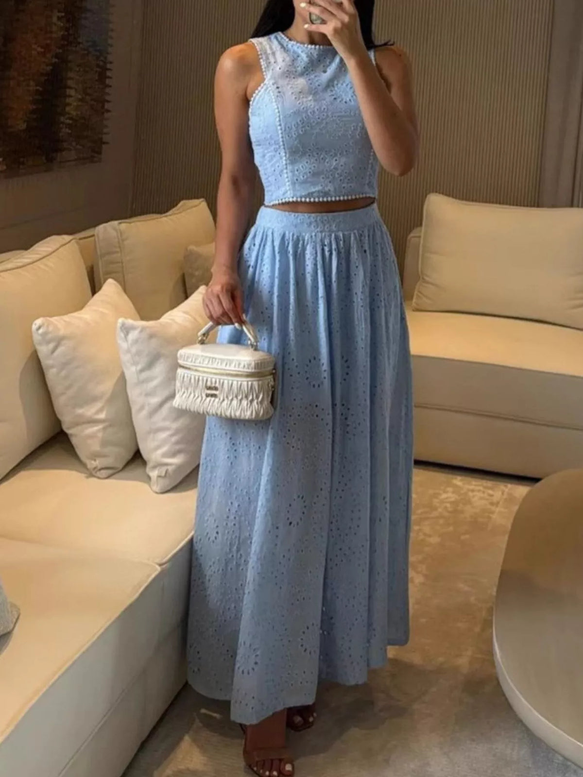 Plush Fashion Hub eyelet crop top and maxi skirt set, stylish tops with eyelet details, perfect for casual or summer wear.
